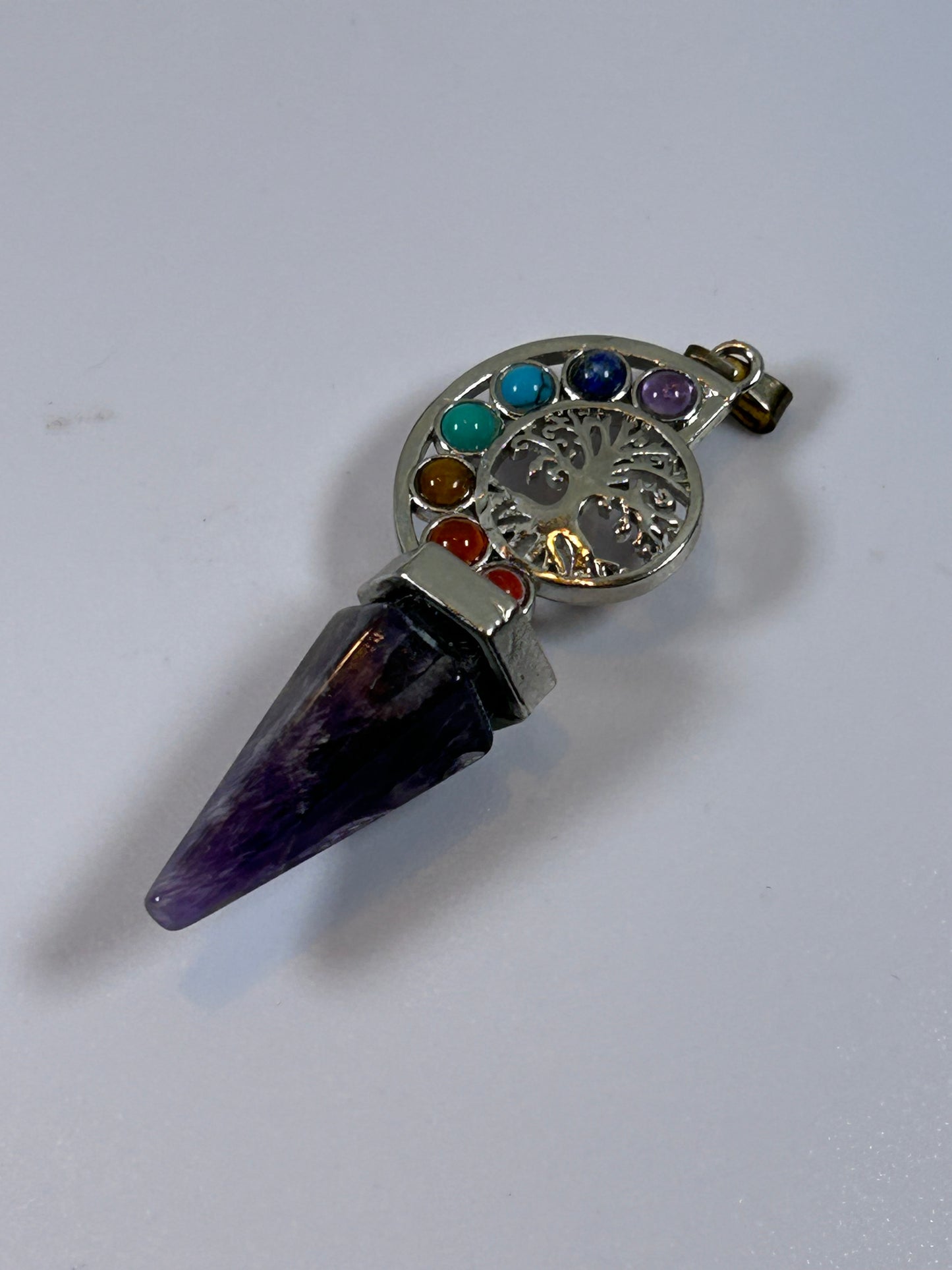 (#214) - AMETHYST POINT AND CHAKRA TREE OF LIFE PENDANT - NEW