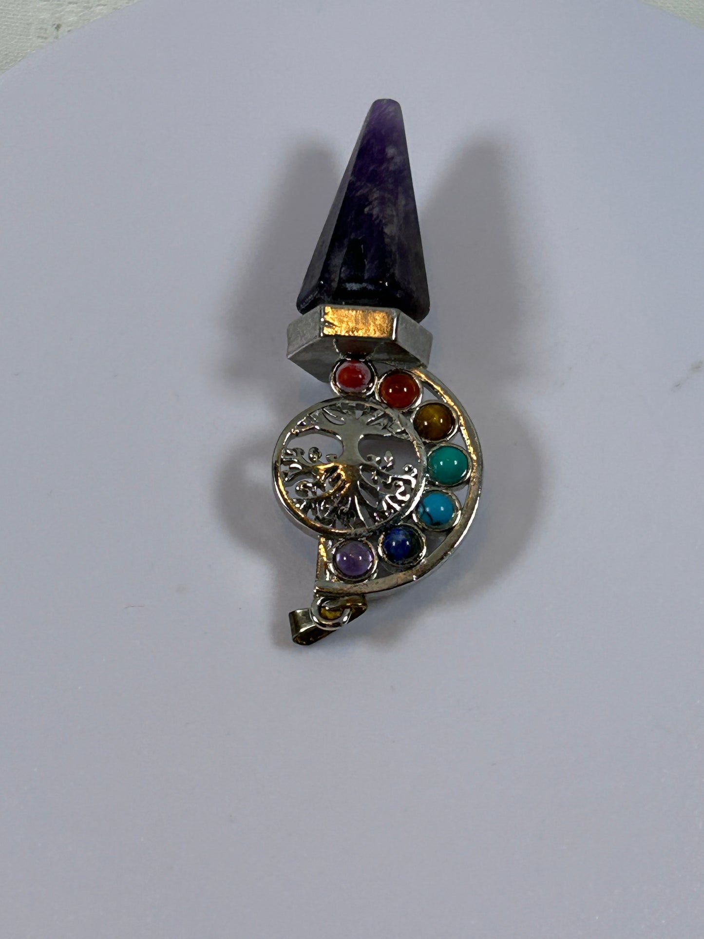 (#214) - AMETHYST POINT AND CHAKRA TREE OF LIFE PENDANT - NEW