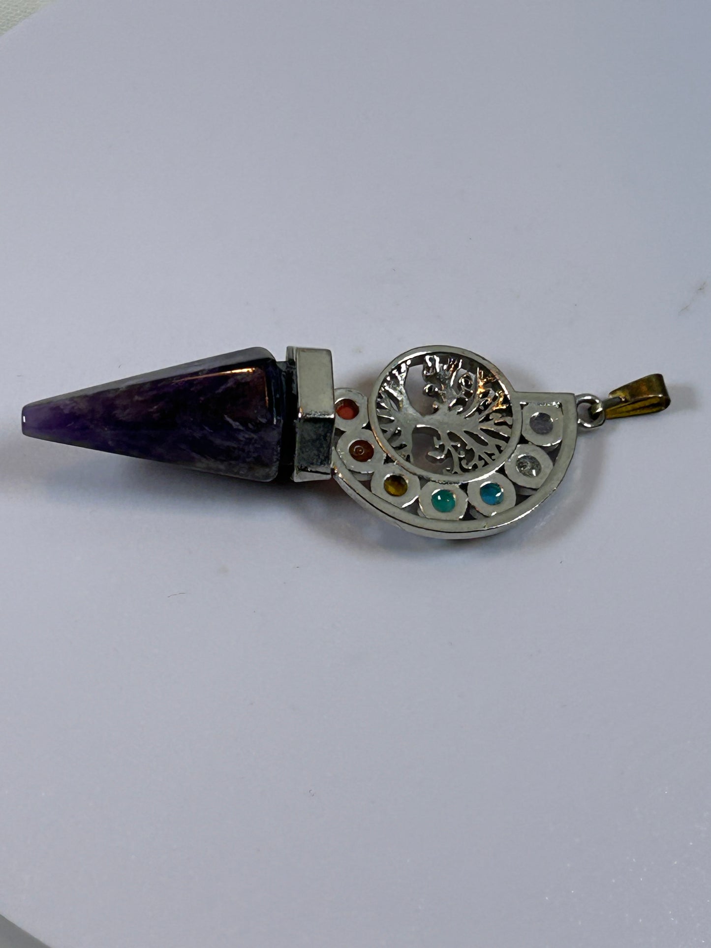 (#214) - AMETHYST POINT AND CHAKRA TREE OF LIFE PENDANT - NEW