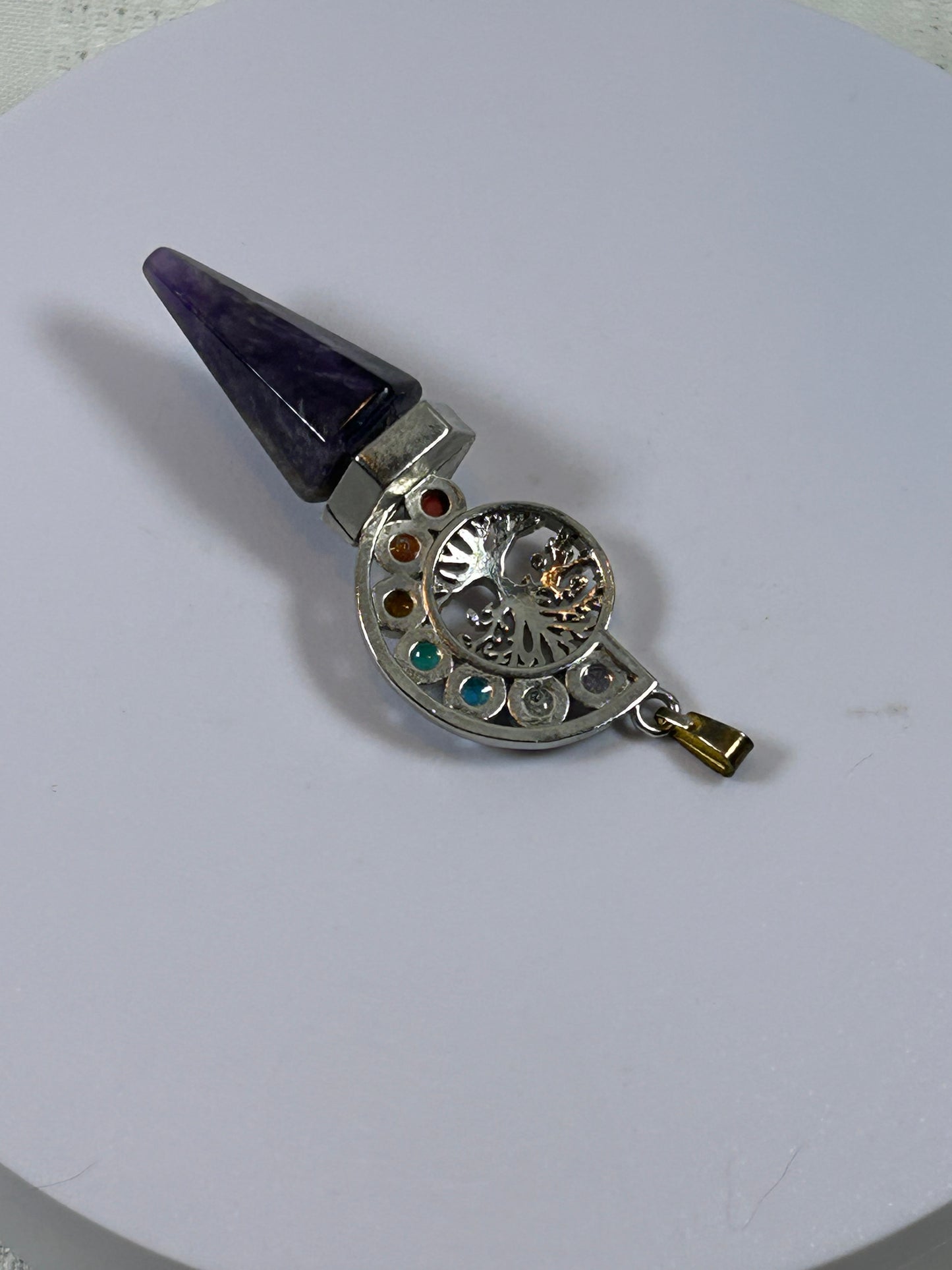 (#214) - AMETHYST POINT AND CHAKRA TREE OF LIFE PENDANT - NEW