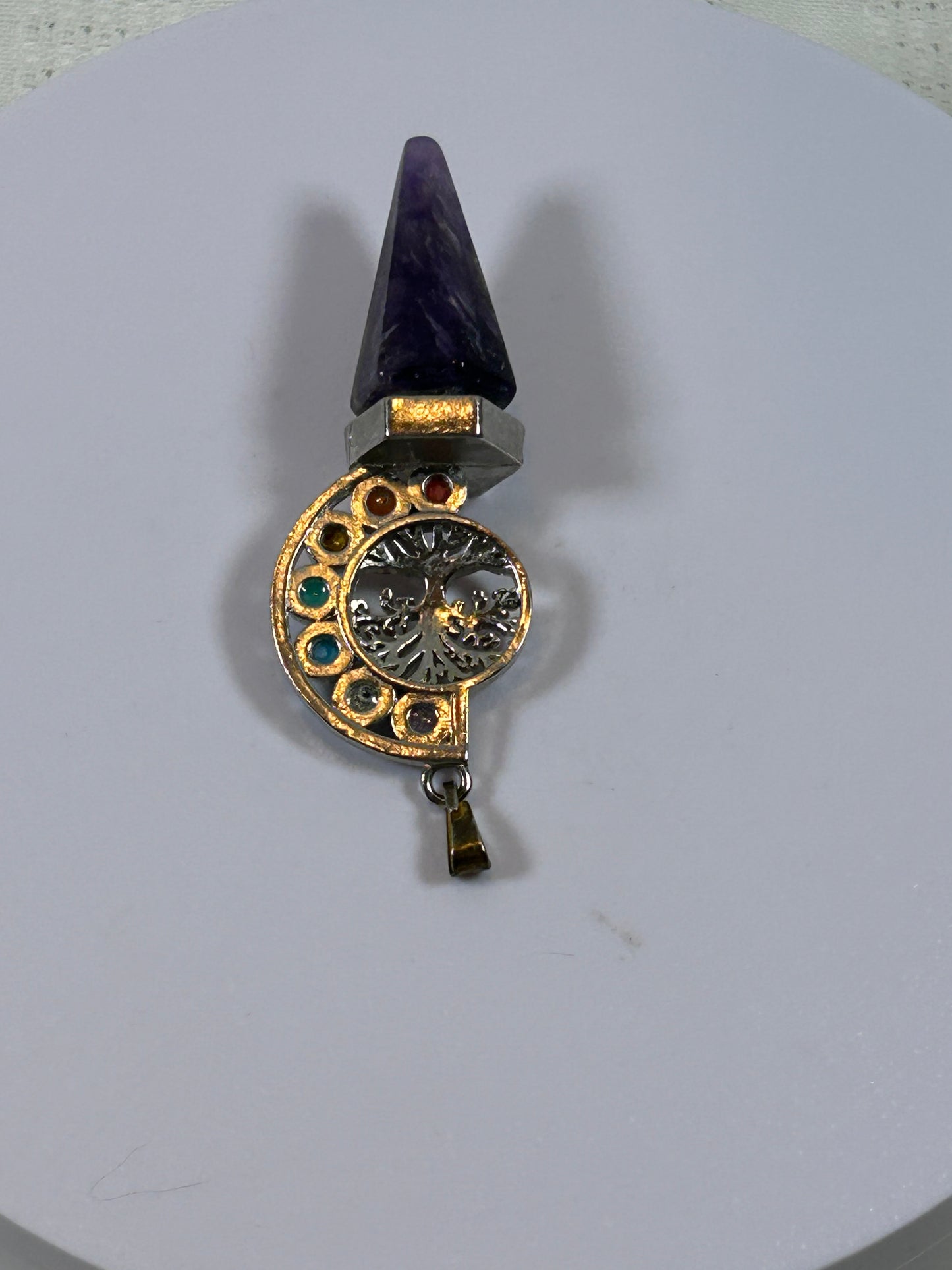 (#214) - AMETHYST POINT AND CHAKRA TREE OF LIFE PENDANT - NEW