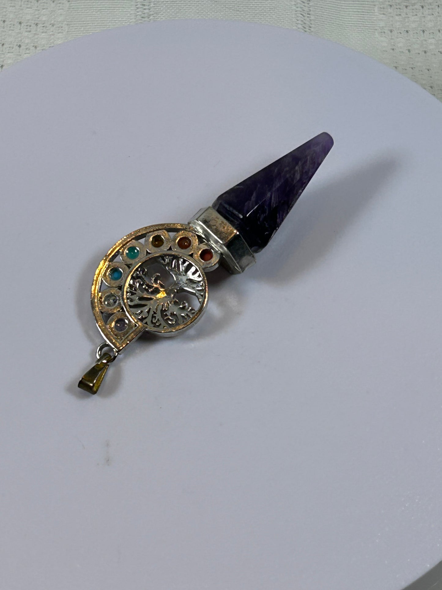 (#214) - AMETHYST POINT AND CHAKRA TREE OF LIFE PENDANT - NEW