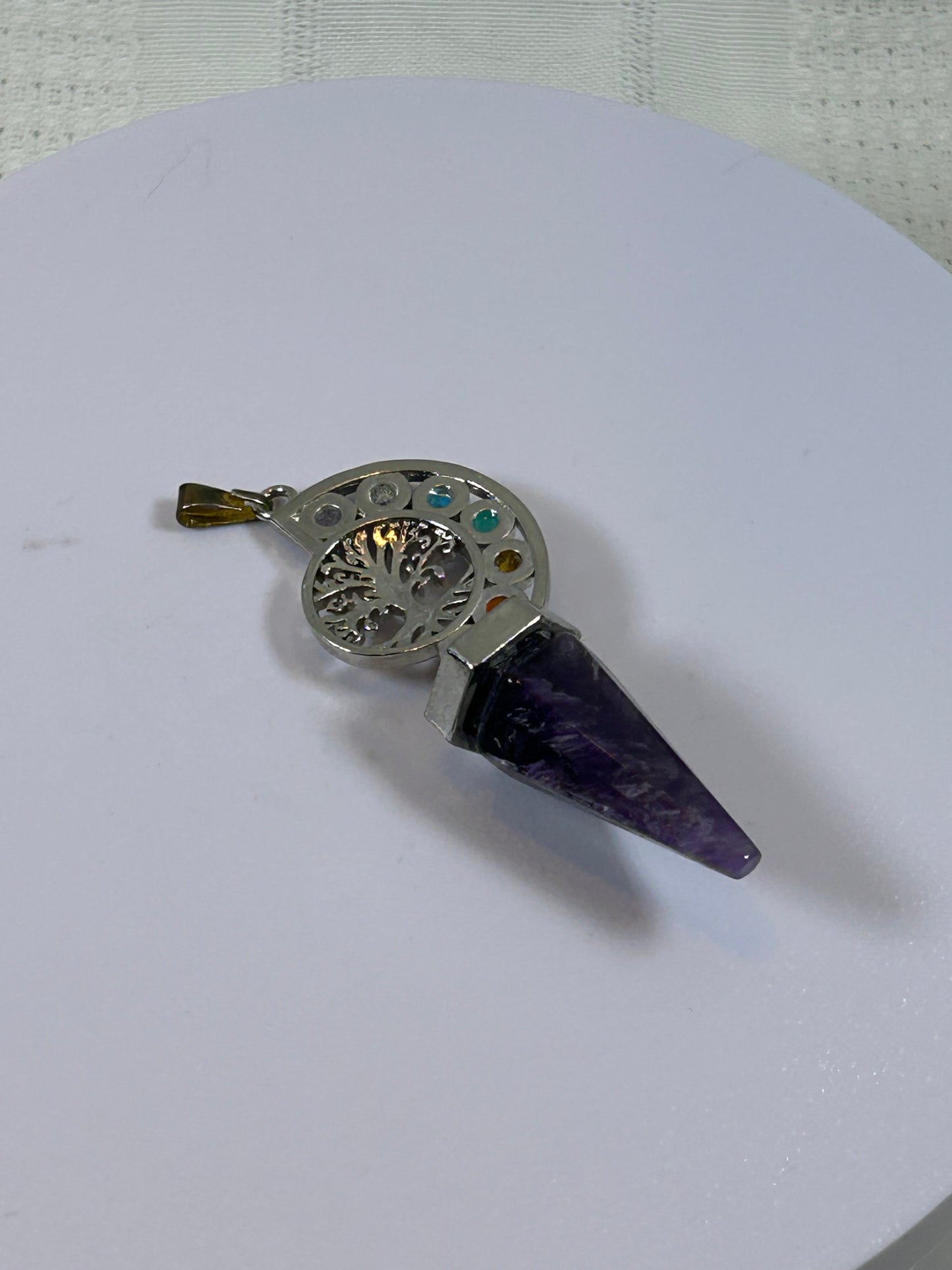 (#214) - AMETHYST POINT AND CHAKRA TREE OF LIFE PENDANT - NEW