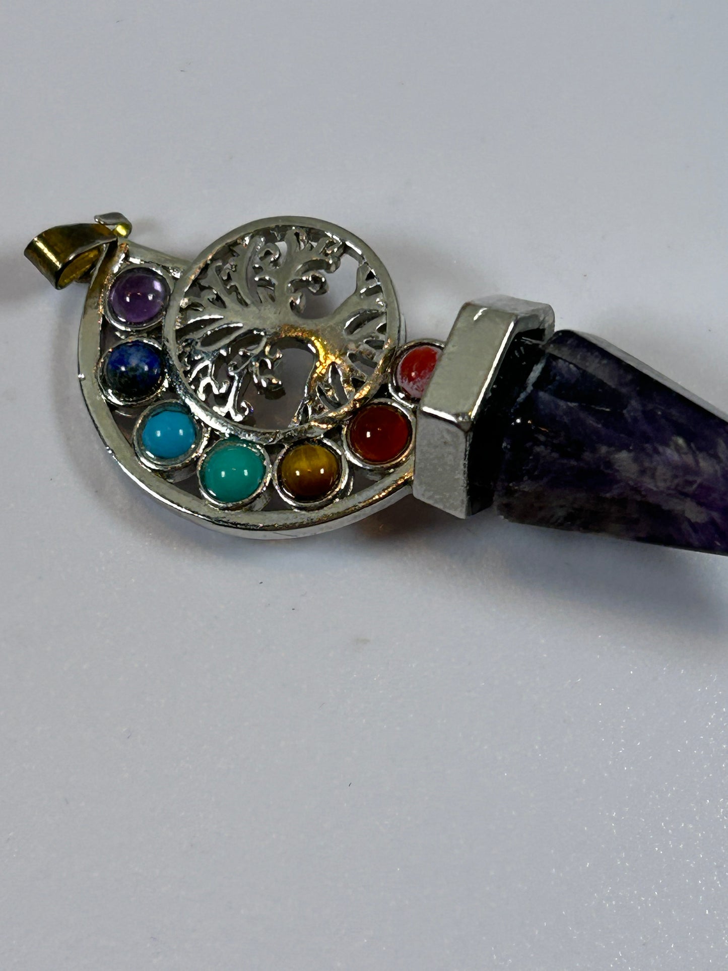 (#214) - AMETHYST POINT AND CHAKRA TREE OF LIFE PENDANT - NEW