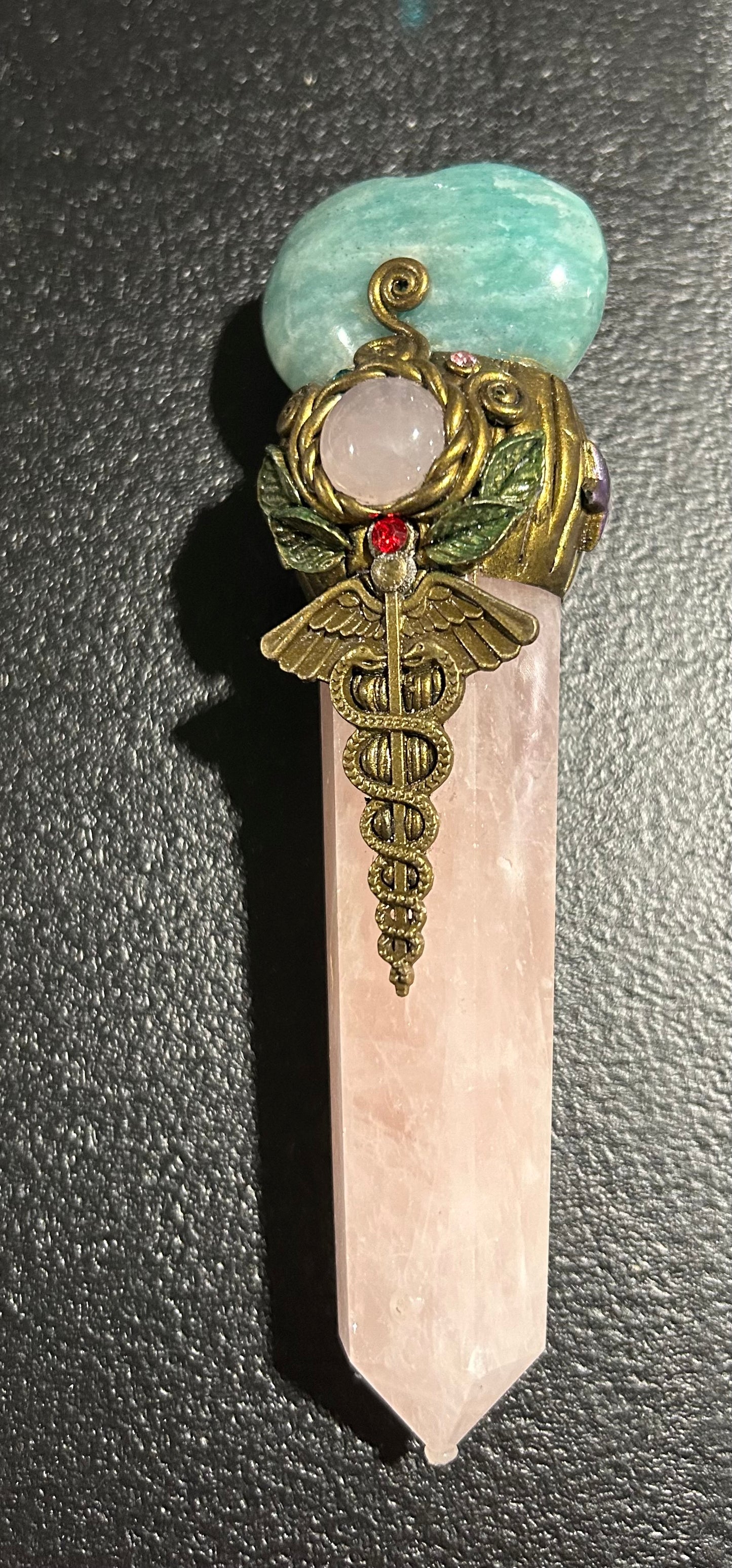 (#1055) - Rose Quartz Wand with Amazonite Heart and Medical Symbol - New