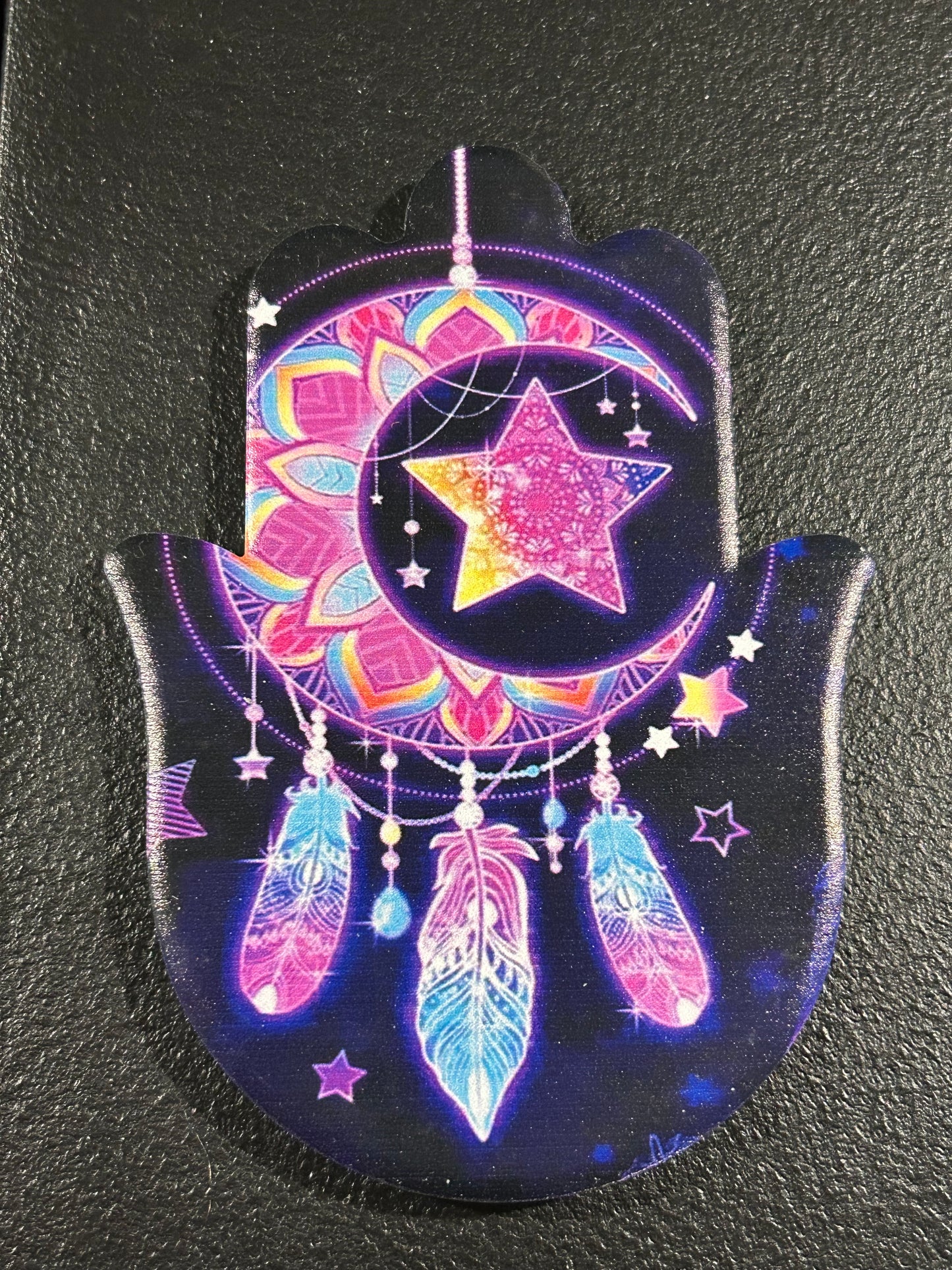 (#1216) - Hamsa Hand Feathers and Moon Coaster - New