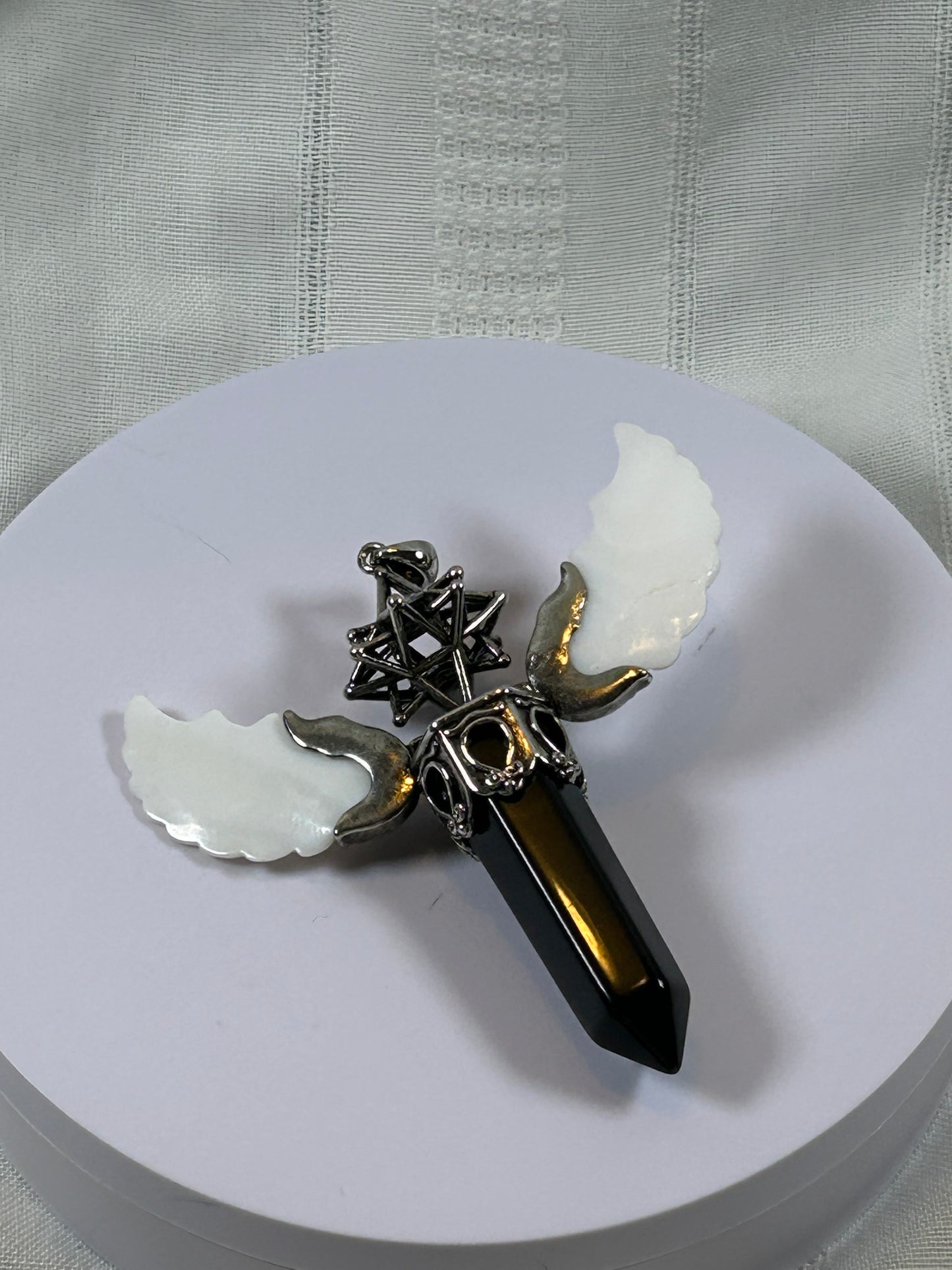 (#74) - OBSIDIAN MERKABA POINT PENDANT WITH WINGS - NEW