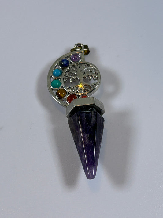 (#214) - AMETHYST POINT AND CHAKRA TREE OF LIFE PENDANT - NEW