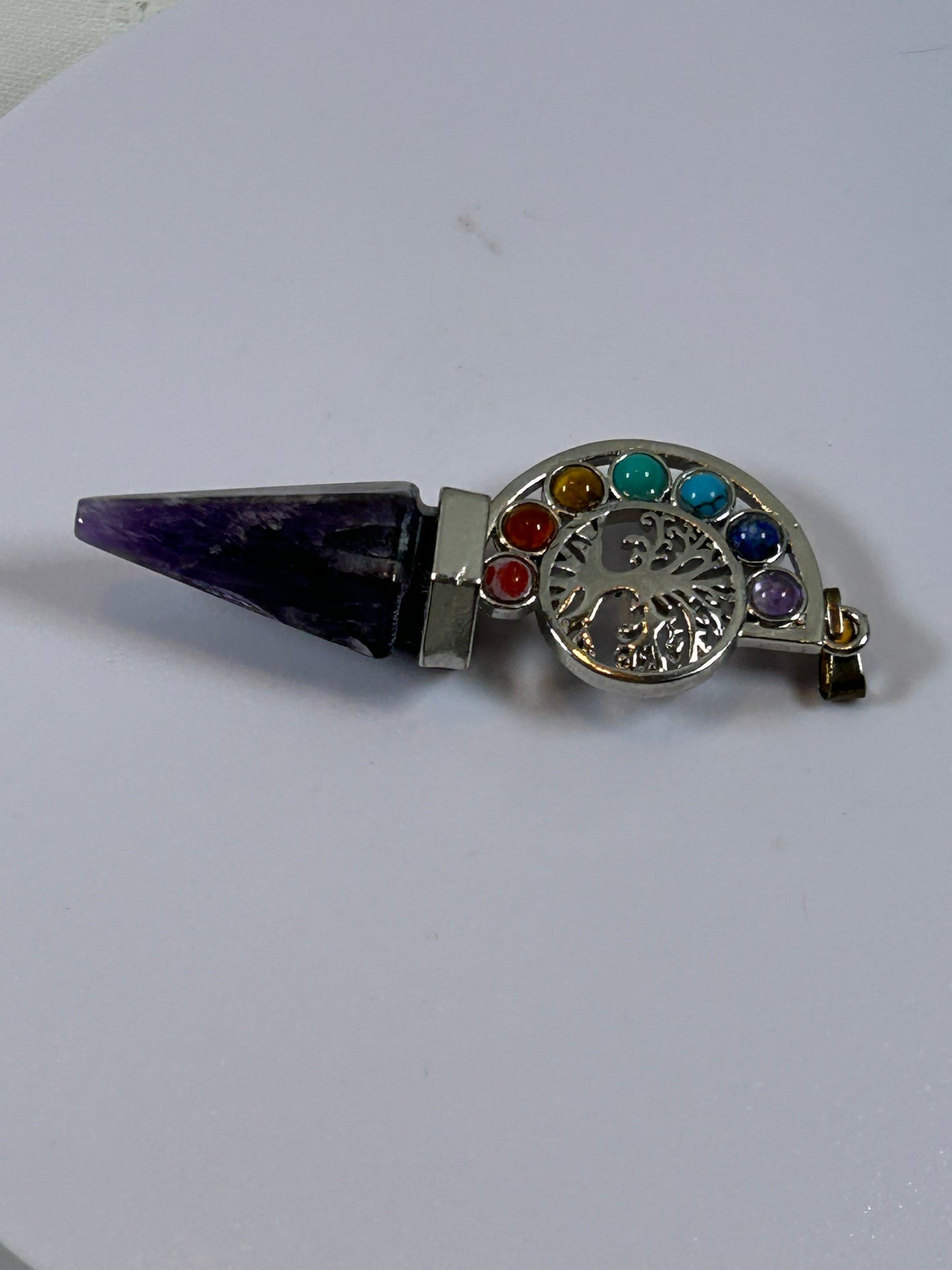 (#214) - AMETHYST POINT AND CHAKRA TREE OF LIFE PENDANT - NEW