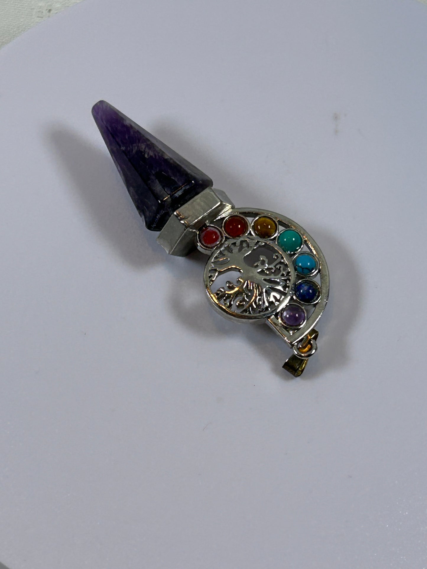 (#214) - AMETHYST POINT AND CHAKRA TREE OF LIFE PENDANT - NEW
