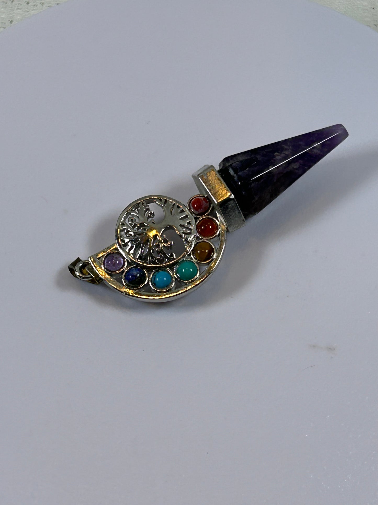 (#214) - AMETHYST POINT AND CHAKRA TREE OF LIFE PENDANT - NEW