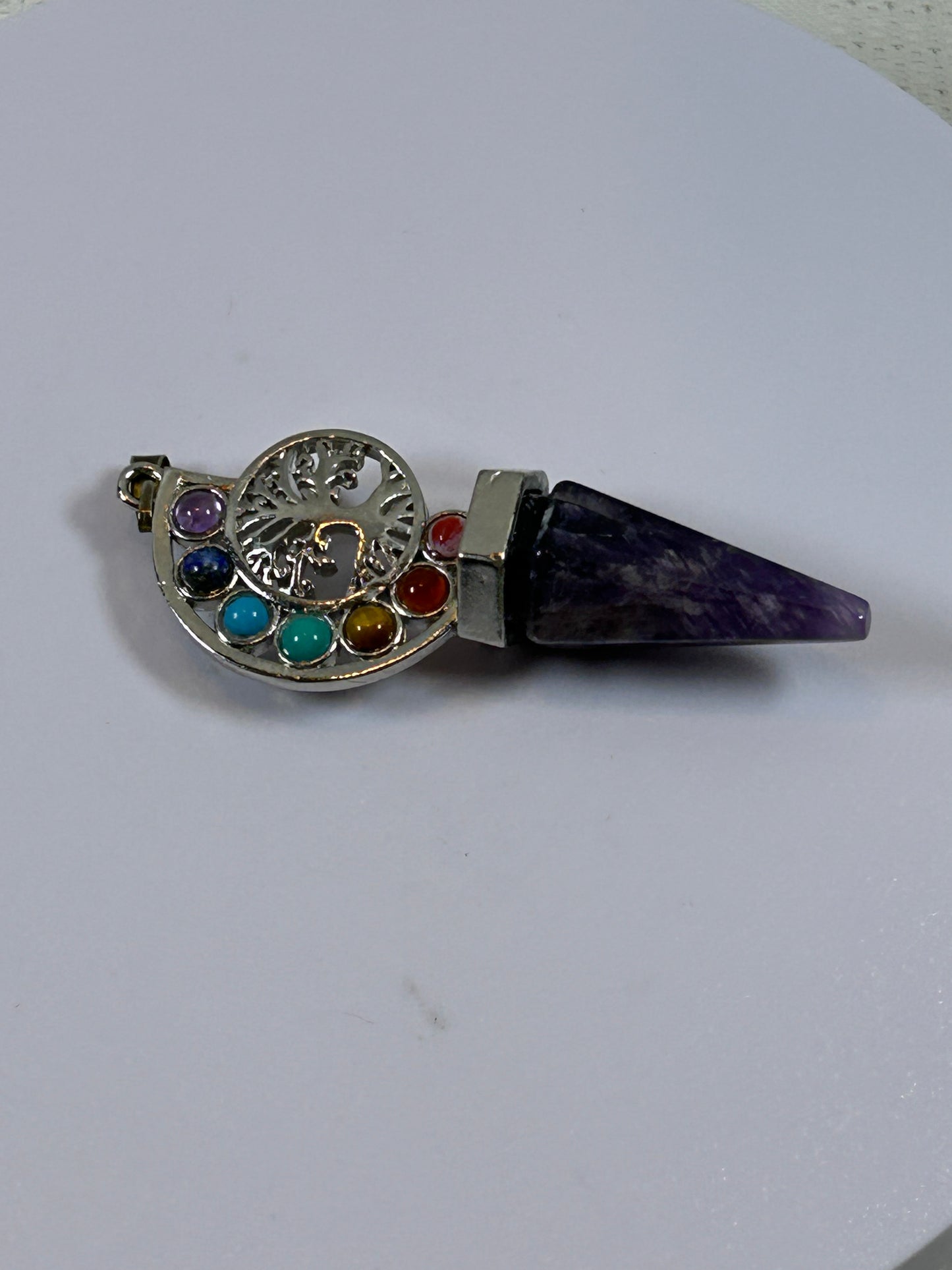 (#214) - AMETHYST POINT AND CHAKRA TREE OF LIFE PENDANT - NEW