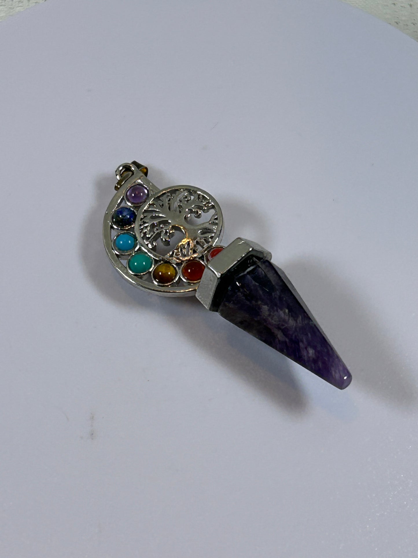 (#214) - AMETHYST POINT AND CHAKRA TREE OF LIFE PENDANT - NEW
