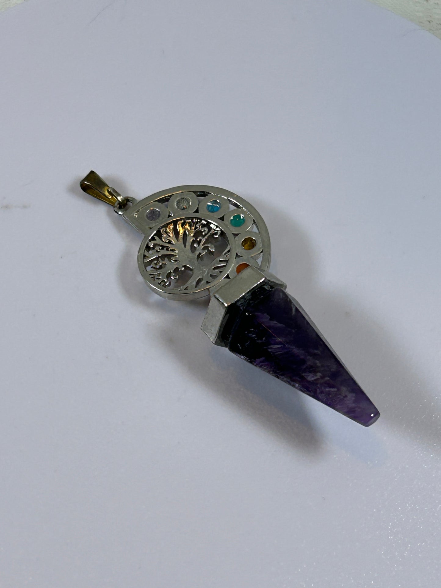 (#214) - AMETHYST POINT AND CHAKRA TREE OF LIFE PENDANT - NEW