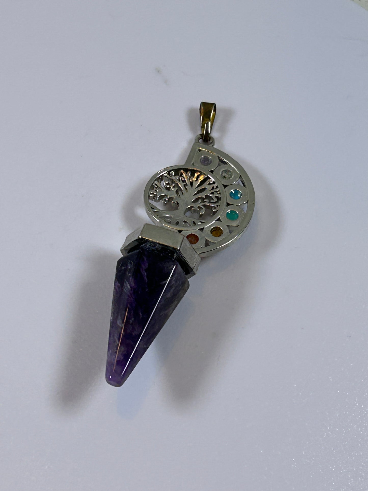 (#214) - AMETHYST POINT AND CHAKRA TREE OF LIFE PENDANT - NEW