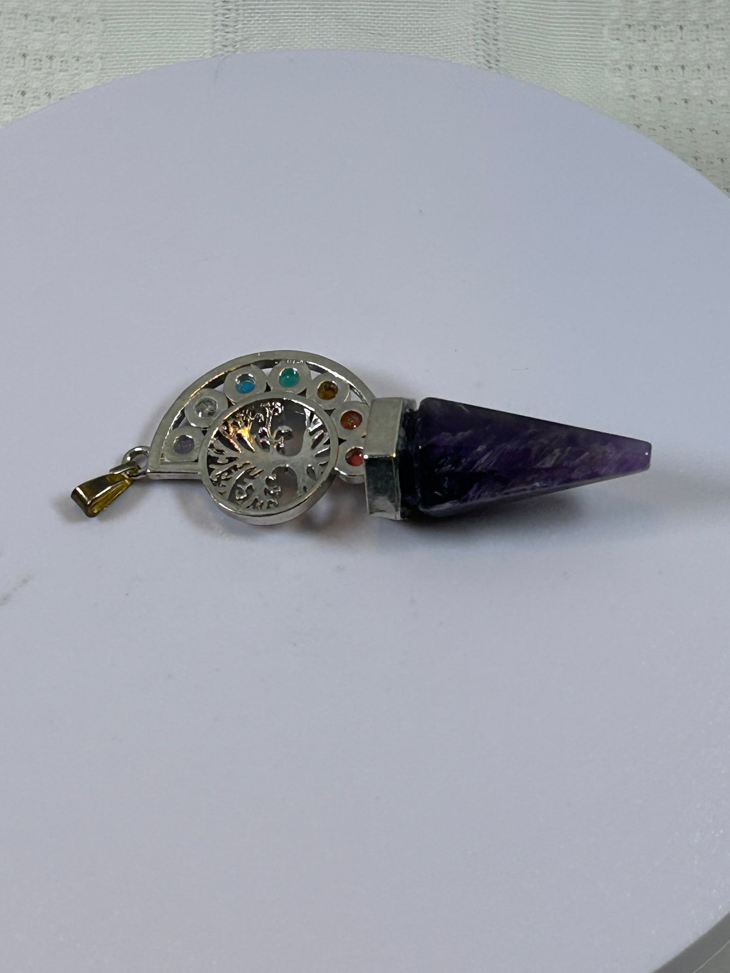 (#214) - AMETHYST POINT AND CHAKRA TREE OF LIFE PENDANT - NEW