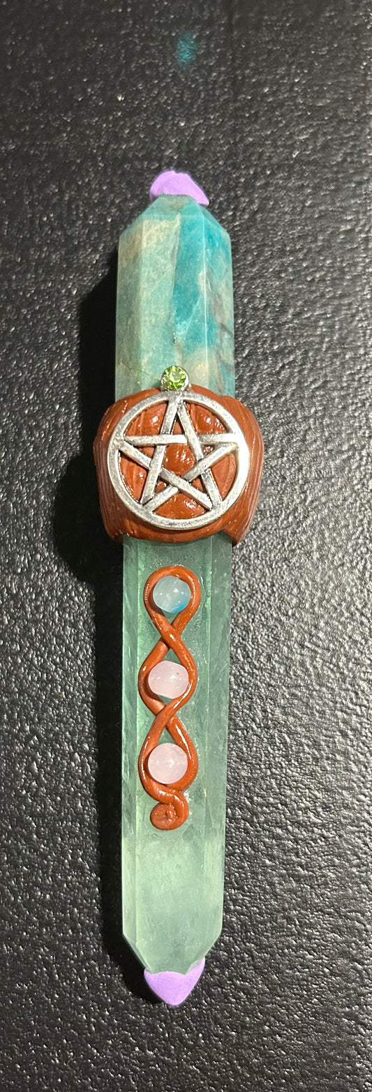 (#1230) - Fluorite and Amazonite Wand with Pentacle - New