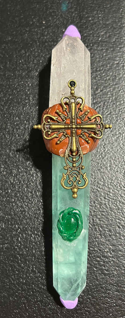 (#1231) - Fluorite and Clear Quartz Wand with Cross - New