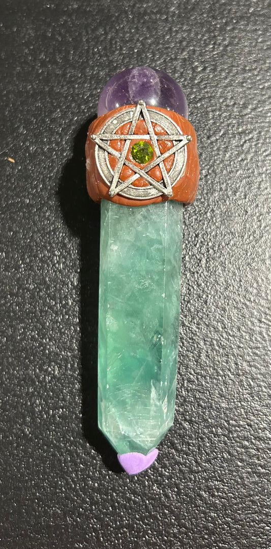 (#1232) - Fluorite and Dream Amethyst Wand with Pentacle - New