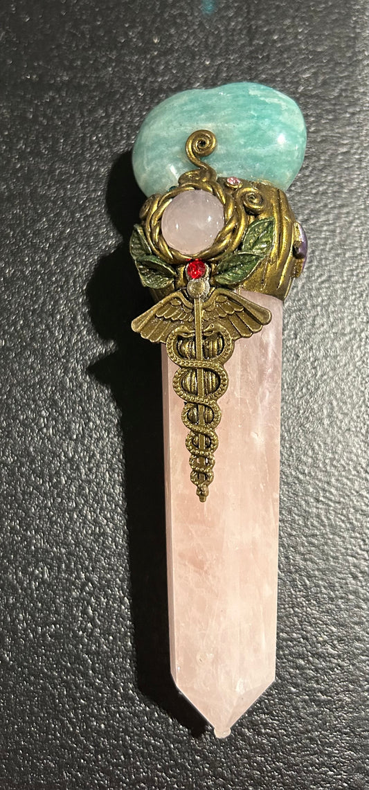 (#1055) - Rose Quartz Wand with Amazonite Heart and Medical Symbol - New