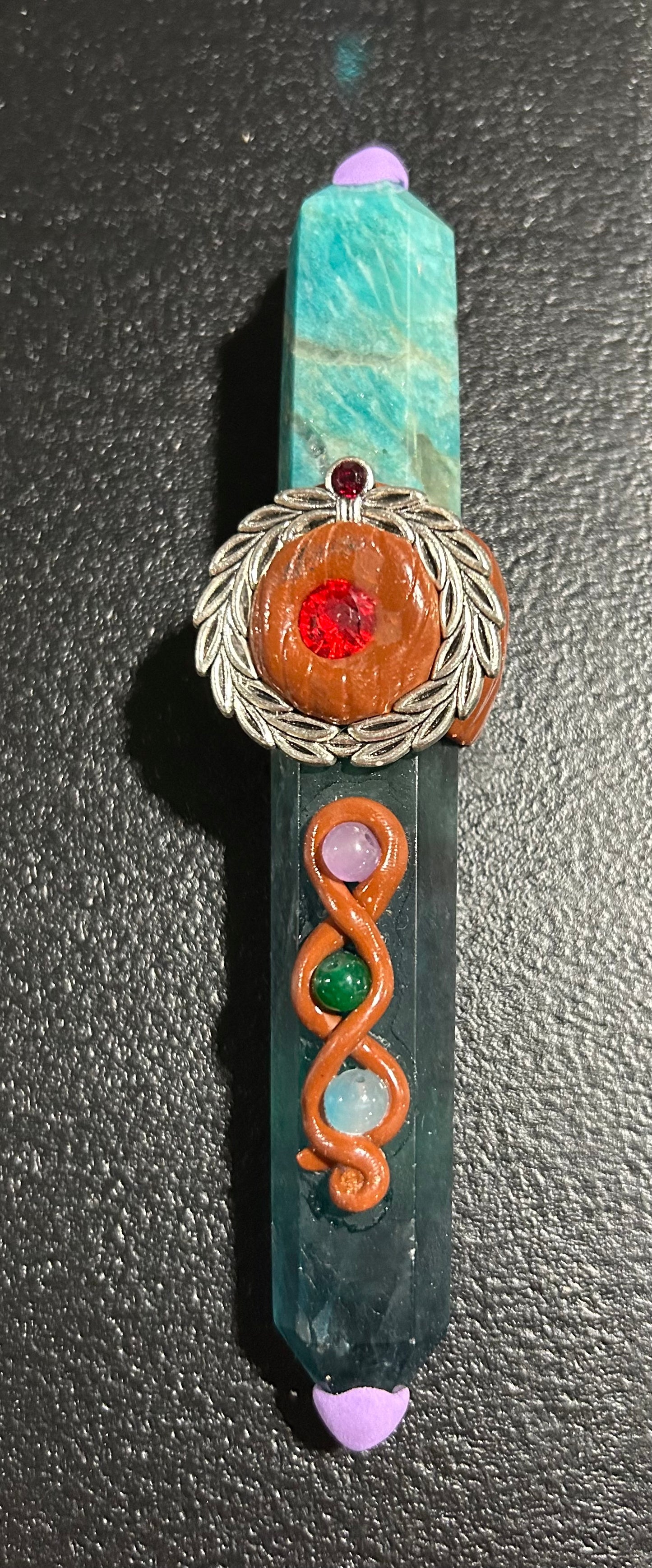 (#1056) - Fluorite and Amazonite Wand with Wreath - New