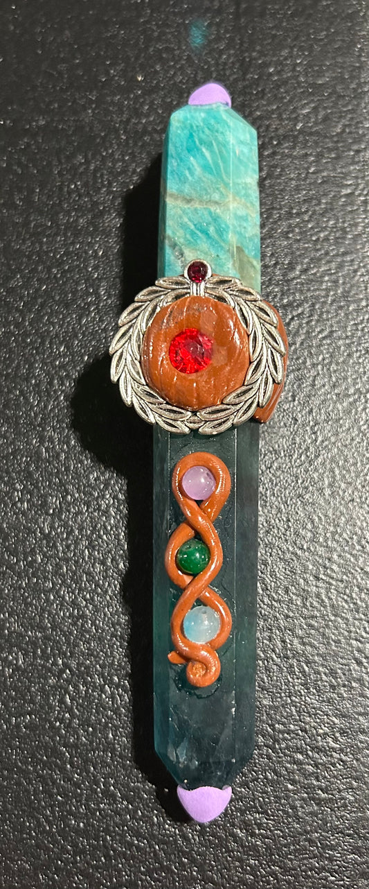 (#1056) - Fluorite and Amazonite Wand with Wreath - New