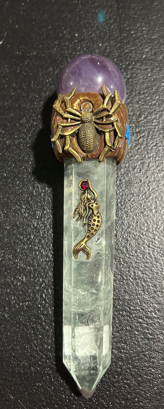 (#1229) - Clear Quartz and Dream Amethyst Wand with Mermaid and Spider - New