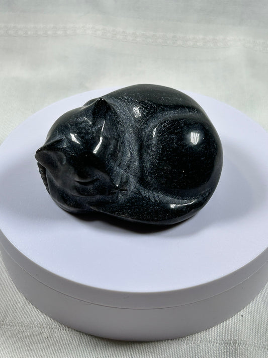 (#1152) - Silver Obsidian Sleeping Cat - New