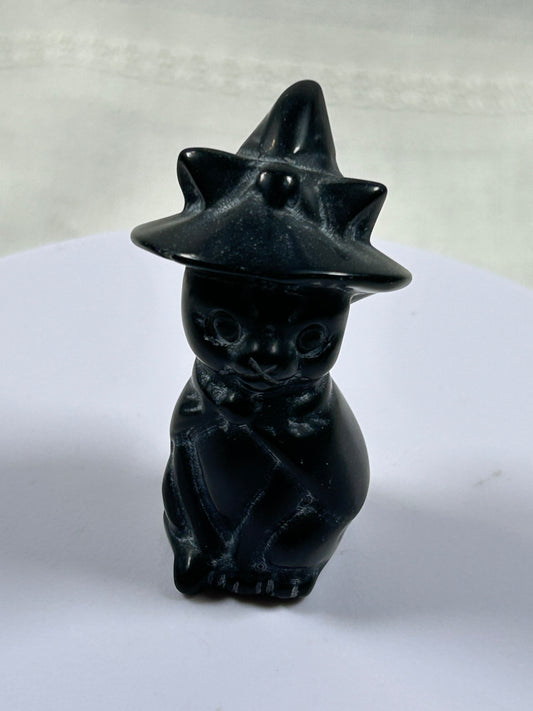 (#1168) - Obsidian Cat with Witch Hat - New