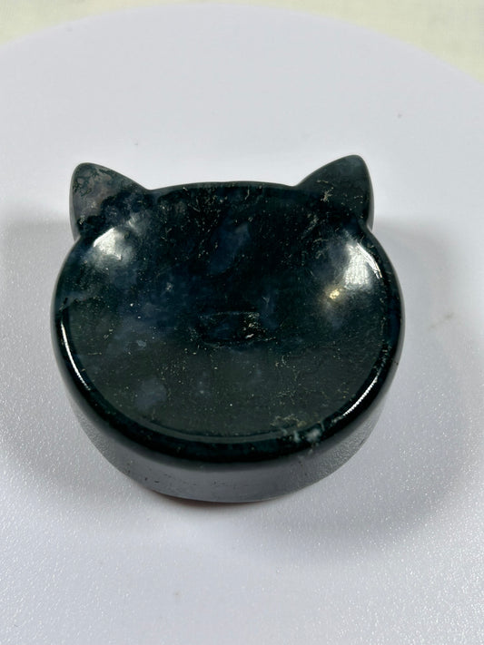 (#1148) - Moss Agate Cat Head Dish - New