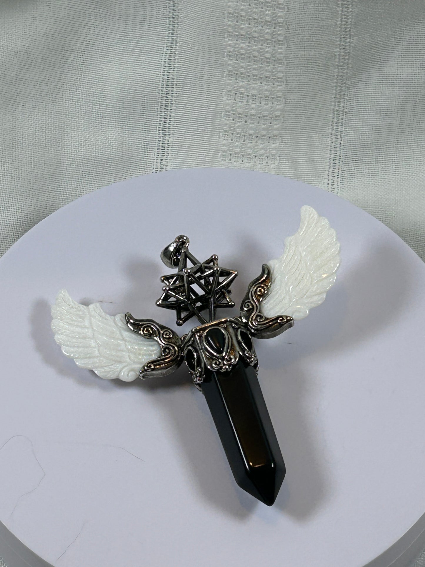 (#74) - OBSIDIAN MERKABA POINT PENDANT WITH WINGS - NEW