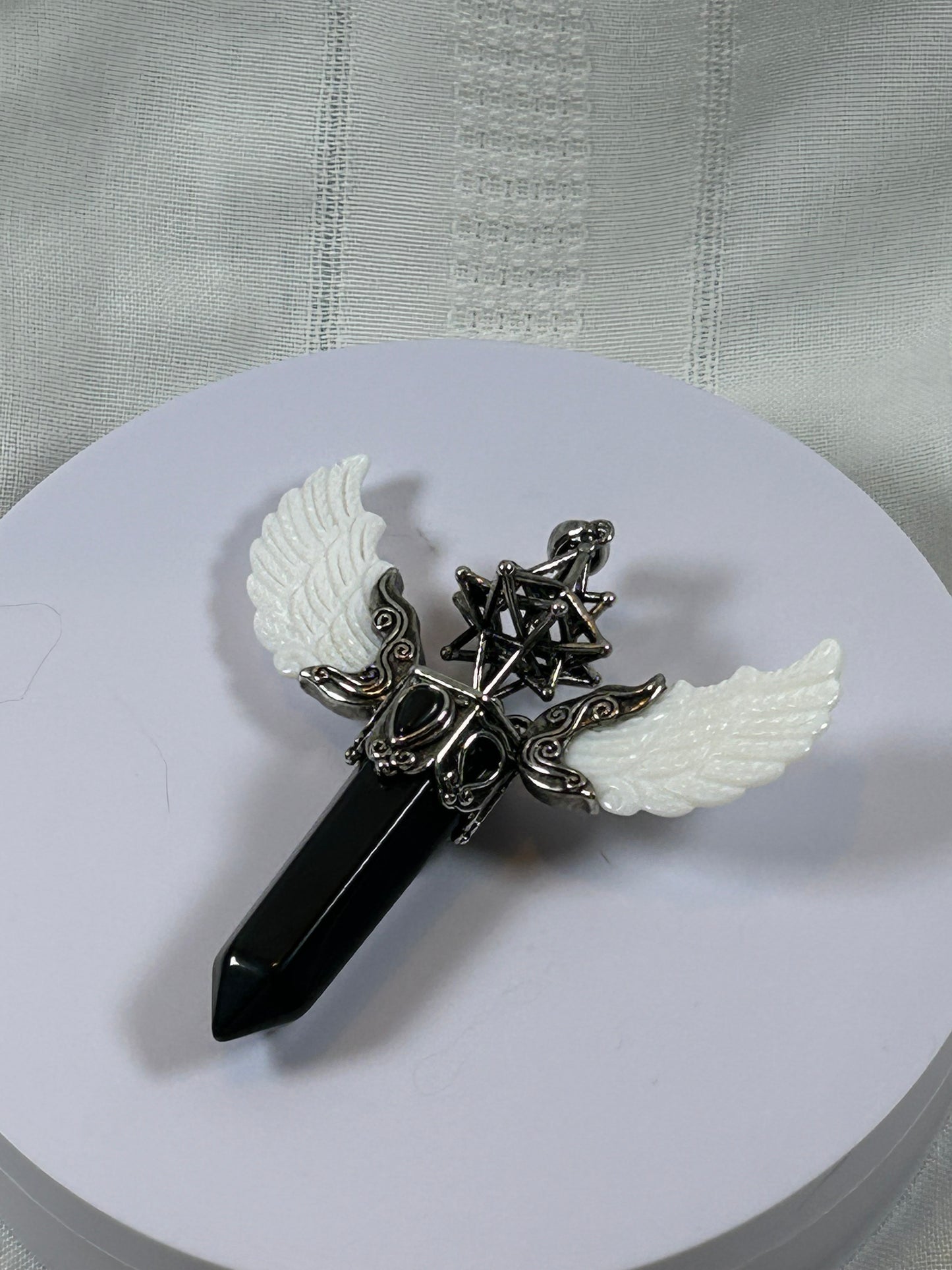 (#74) - OBSIDIAN MERKABA POINT PENDANT WITH WINGS - NEW