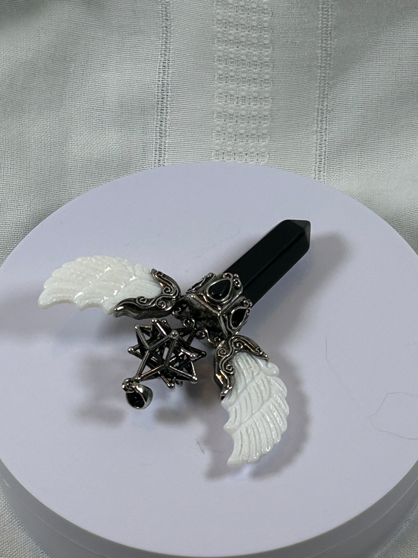 (#74) - OBSIDIAN MERKABA POINT PENDANT WITH WINGS - NEW