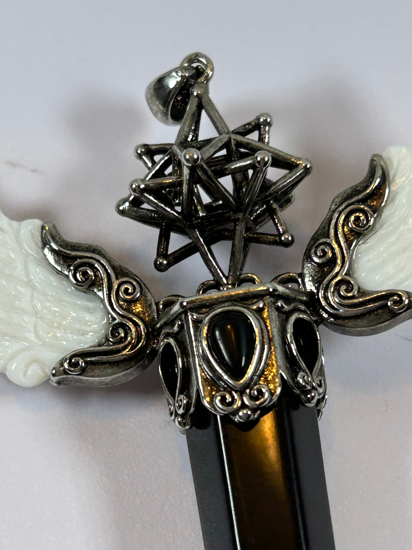 (#74) - OBSIDIAN MERKABA POINT PENDANT WITH WINGS - NEW