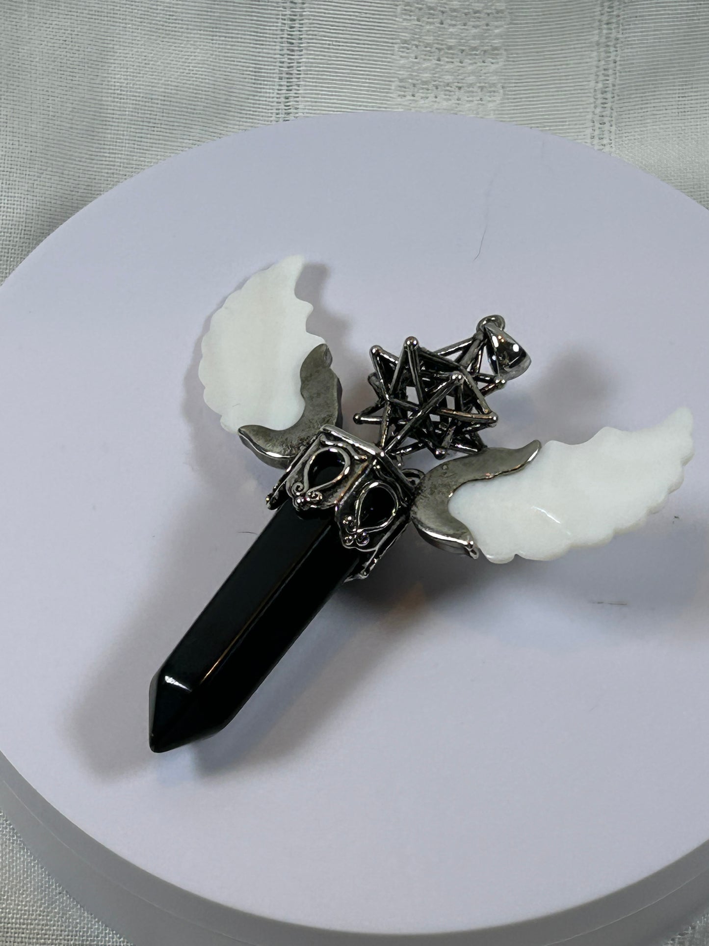 (#74) - OBSIDIAN MERKABA POINT PENDANT WITH WINGS - NEW