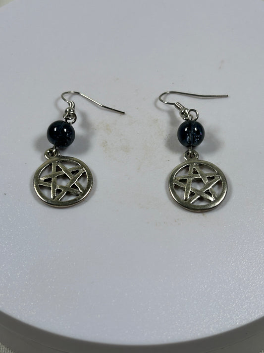 (#1341) - Pentacle Earrings Imitation Obsidian - New
